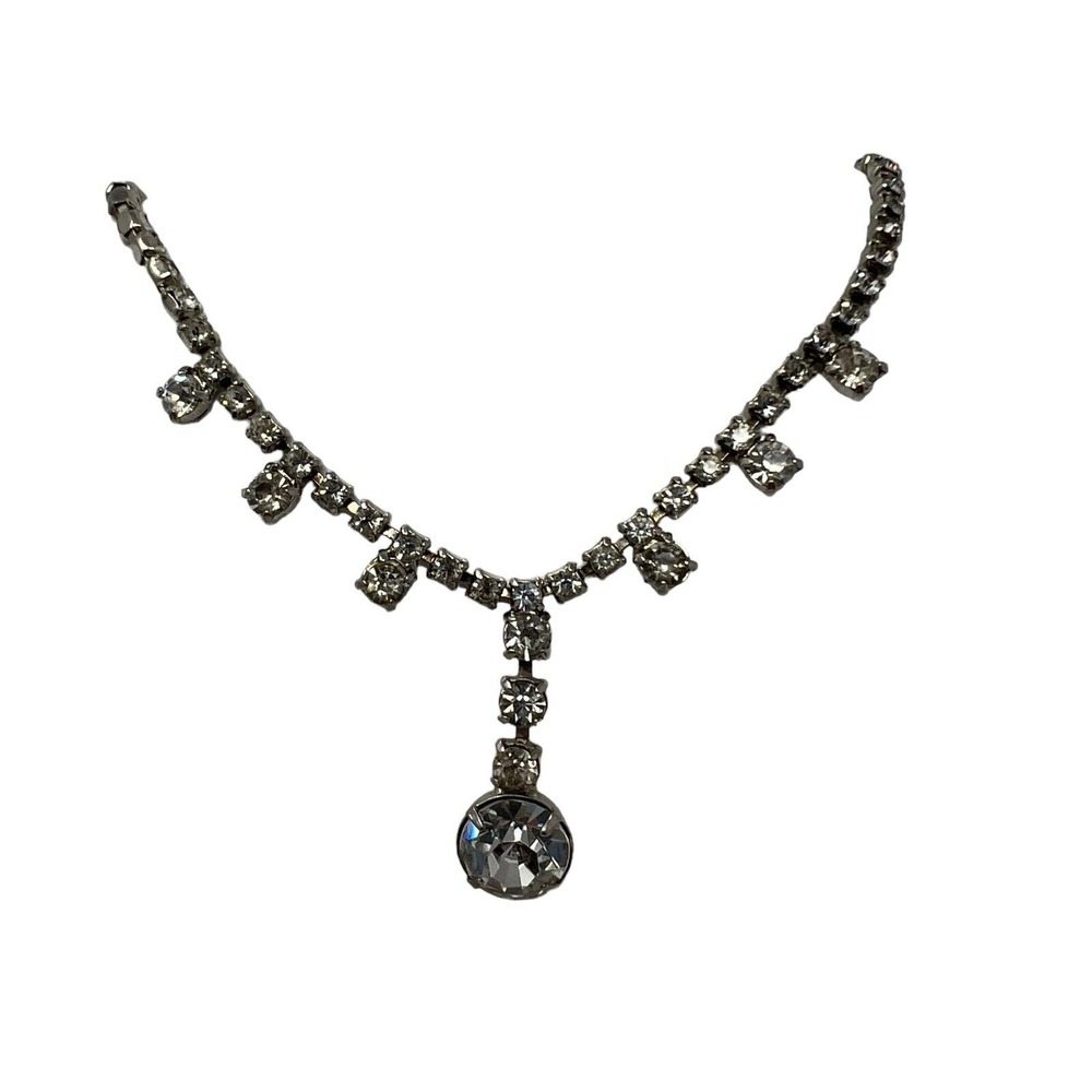 Vintage Rhinestone Necklace Prong Set with Drop Pendant 14 inches
